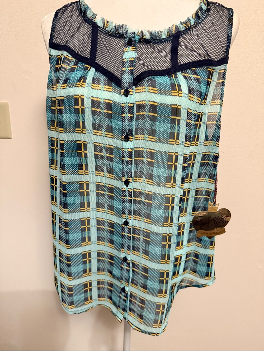 Sleeveless Vera Wang Plaid Button-Front Tank in Aqua & Navy